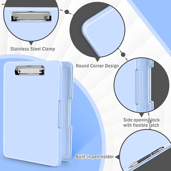ANZNKU Clipboard with Storage 13x9.6 inches, Storage Clip Board Heavy Duty, Plastic Clipboard with Side Opening, Nursing Clip Board Foldable, Letter Size Smooth Writing for Work, Study(Light Blue)