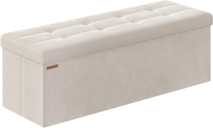 SONGMICS Mazie Collection - Storage Ottoman Bench, Foldable Foot Rest, 15 x 43 x 15 Inches, End of Bed Bench, Storage Chest, Load 660 lb, Living Room, Bedroom, Entryway, Cream White ULSF277W01