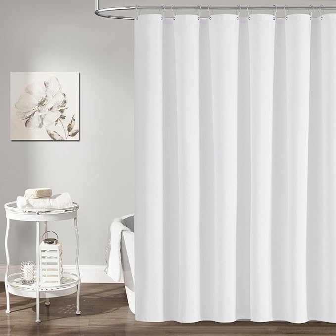 BTTN Fabric Shower Curtain, Linen Textured Heavy Duty Polyester Cloth Shower Curtain Set with Plastic Hooks, White, 180" W x 72" L (Pack of 1)