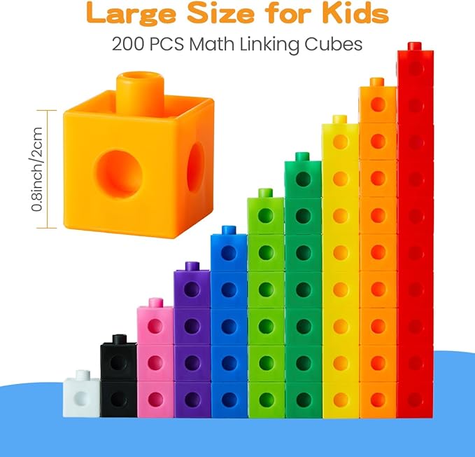Set of 200 Kids Linking Cubes for Math, STEM Connecting Cubes Math Manipulatives Kids Counting Blocks for Classroom Learning Supplies for Preschool and Elementary Children