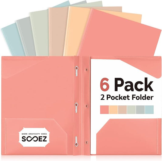 Sooez Plastic Folders with Pockets and Prongs, 6 Pack Pocket Folders with Prongs, Heavy Duty 3 Prong Folder with 2 Pocket for Document, Colored File Folders Back to School Supplies, Light Retro