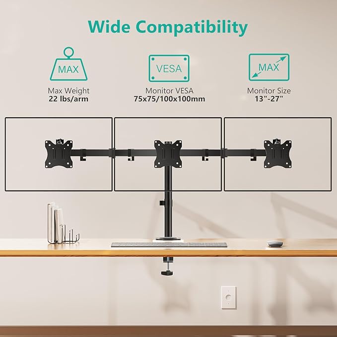 WALI Triple Monitor Mount, Heavy Duty Triple Monitors Stand up to 27 inch Screens, Adjustable 3 Monitor Desk Mount with Swivel, Tilt, Rotation, Clamp & Grommet Base Kit (M003SN), Black