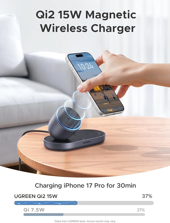 UGREEN Qi2 15W Wireless Charger 2-in-1, MagSafe Compatible Fast Charging Stand for iPhone 17 16 15 14 13 12 Series and AirPods, Fixed Viewing Angle, Compact Desktop Charging Station