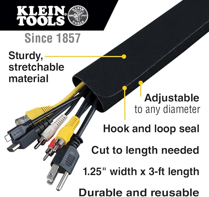 Klein Tools 450-320 Cable Management Sleeve, Cord Management for Home, Office or Job, 1-1/4-Inch Max Diameter, 3-Foot Length, Black, 2-Pack