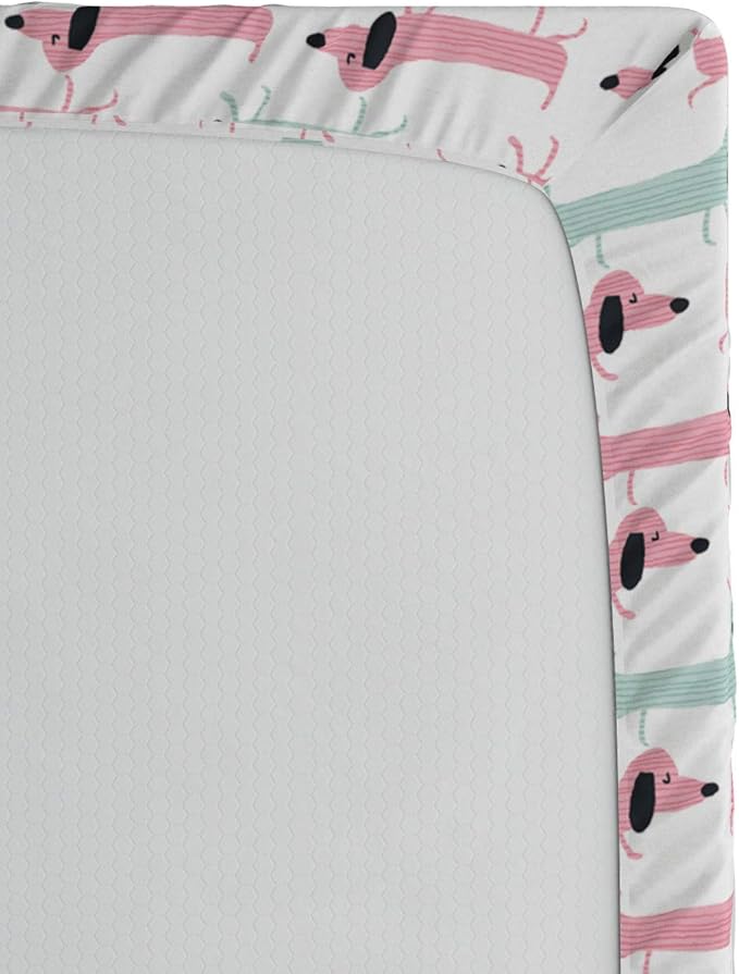 Ambesonne Dachshund Fitted Sheet, Pattern with Funny Cartoon Sausage Dogs, Bed Cover with All-Round Elastic Deep Pocket for Comfort, Queen Size, Seafoam Pink