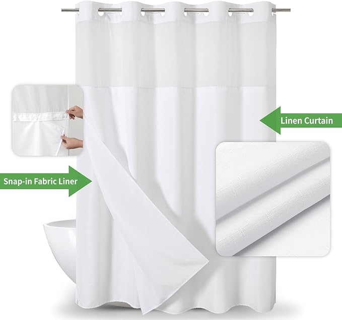 Long No Hooks Needed Linen Textured Shower Curtain with Snap-in Fabric Liner Set,White Hotel Luxury Decor Shower Curtains for Bathroom,Waterproof & Washable,71Wx80H