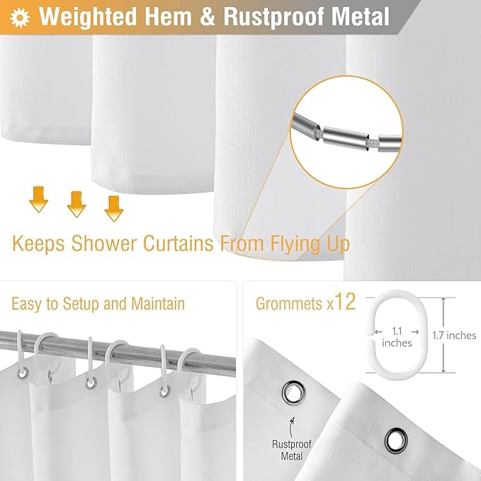 BTTN Extra Long Fabric Shower Curtain - 72x90 Inch Linen Textured Heavy Duty Cloth Shower Curtain Set with Plastic Hooks, Modern Hotel Luxury Waterproof Polyester Shower Curtains for Bathroom, White