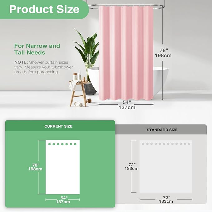 Dynamene Stall Fabric Shower Curtain - 54x78 inch Long Waffle Weave Weighted Thick Cloth Shower Curtains for Bathroom,Heavy Duty Hotel Spa Luxury Bath Curtain Set with 10 Plastic Hooks, Pink