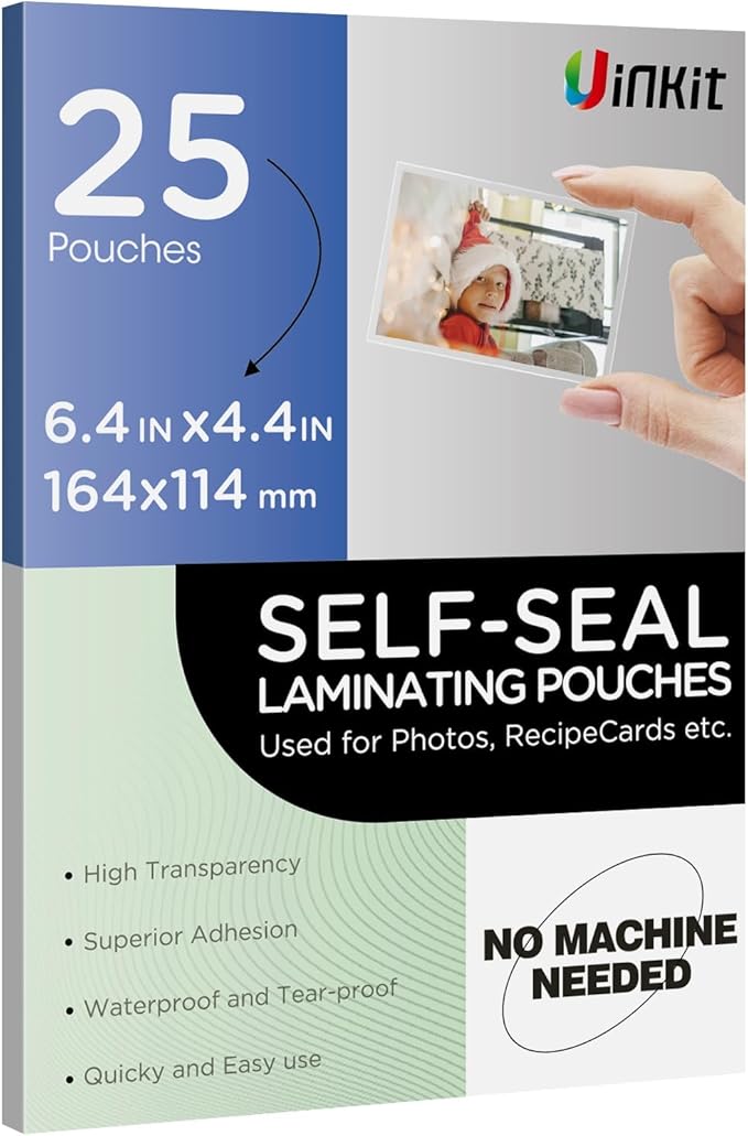 Uinkit 10mil Thicker Self Sealing Photo Laminating Pouches 4 x 6", 25Pack Double-Sided for Recipe Cards & Photos, Waterproof Plastic Sleeves to Preserve Pictures, Index Flashcards