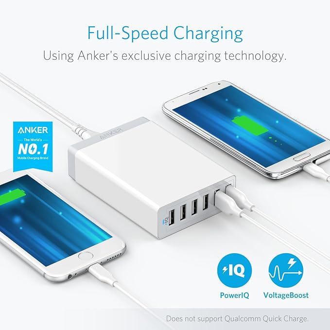 Anker Desktop Charger, 60W 6 Port USB Multiple Charging Hub, PowerPort 6 Multiple USB Charger, Campatible with iPhone, iPad, MacBook, Galaxy, LG, HTC, and More