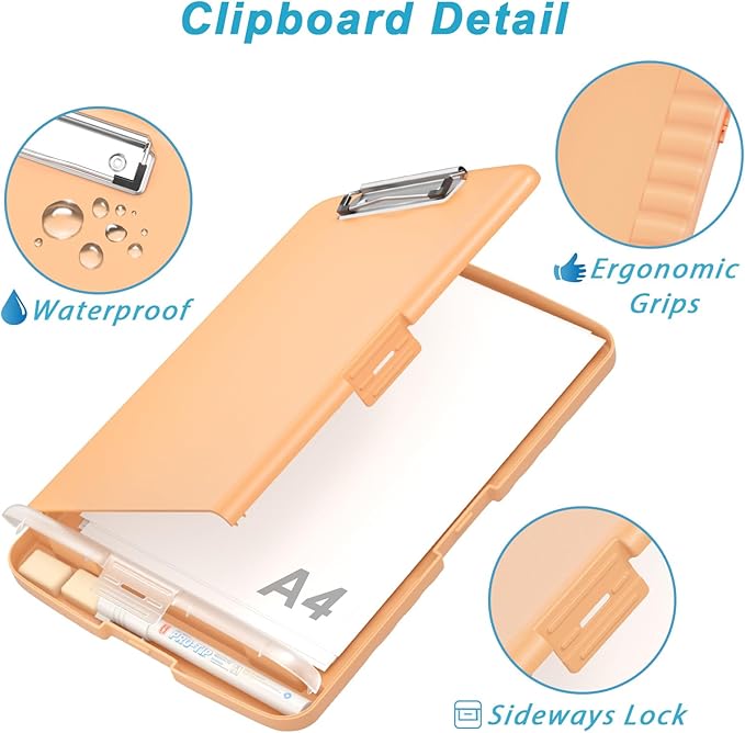 Rimilak Plastic Clipboard with Storage, 8.5 x 11 High Capacity Folio Nursing Case with Pen Holder, Size 14.2 x 9.6 x 1.2″ Folder Side-Opening for Classroom, Teacher, Smooth Writing, Pale Orange