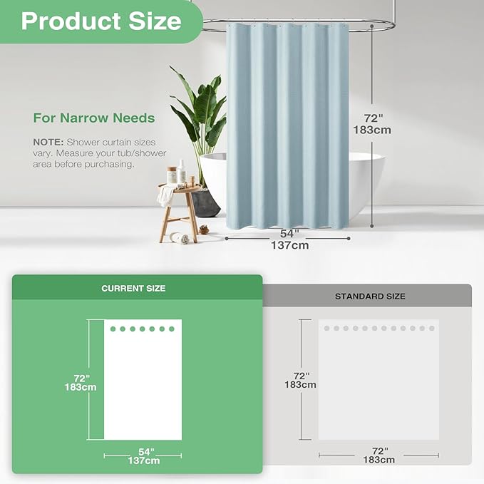 Dynamene Stall Fabric Shower Curtain - 54 inch Wide Waffle Weave Weighted Thick Cloth Shower Curtains for Bathroom, Heavy Duty Hotel Spa Luxury Bath Curtain Set with 10 Hooks, 54x72, Fog Blue