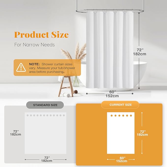 BTTN Fabric Shower Curtain, Linen Textured Heavy Duty Polyester Cloth Shower Curtain Set with Plastic Hooks, White, 60" W x 72" L (Pack of 1)
