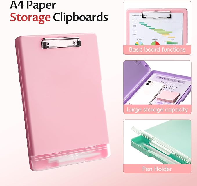 Clipboard with Storage, 8.5 x 11 Nurses Clip Board with Pen Holder and Organization Box, 3 Pack Side-Opening Plastic Clipbboards Storage for Teachers, Office, Kids (Purple, Pink, Green)