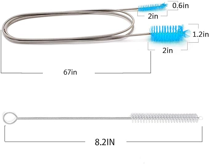 Flexible Drain Brush, Nylon Cleaner Double Ended Elastic Hose Pipe 67-inch and 2 PCS 8.2-inch Straw Cleaning Brush (Blue)