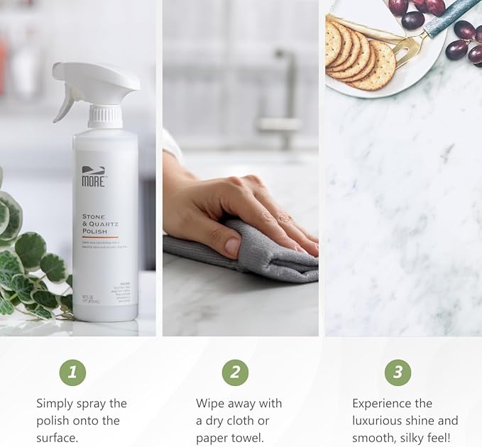 MORE - Stone & Quartz Polish - For Granite, Marble, & Natural Stone Countertops - Spray & Wipe Streak-Free - Water-Based Formula - Marble & Granite Polish - For Indoor & Outdoor Stone - 16 oz