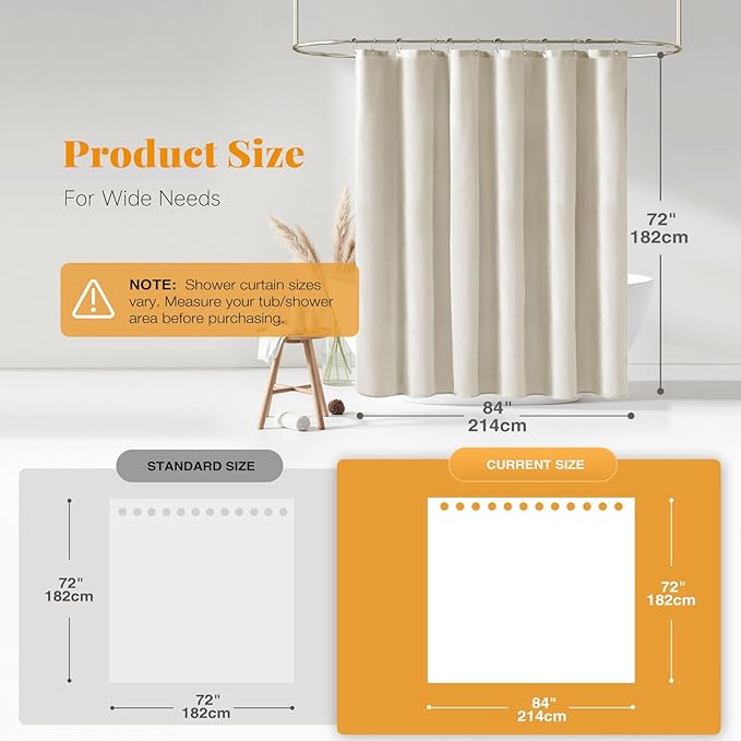 BTTN 84 Inch Wide Shower Curtain - W84xH72 Linen Textured Heavy Duty Fabric Shower Curtain Set with 14 Plastic Hooks, Large Hotel Simple Waterproof Polyester Bath Curtains for Bathroom - Light Cream