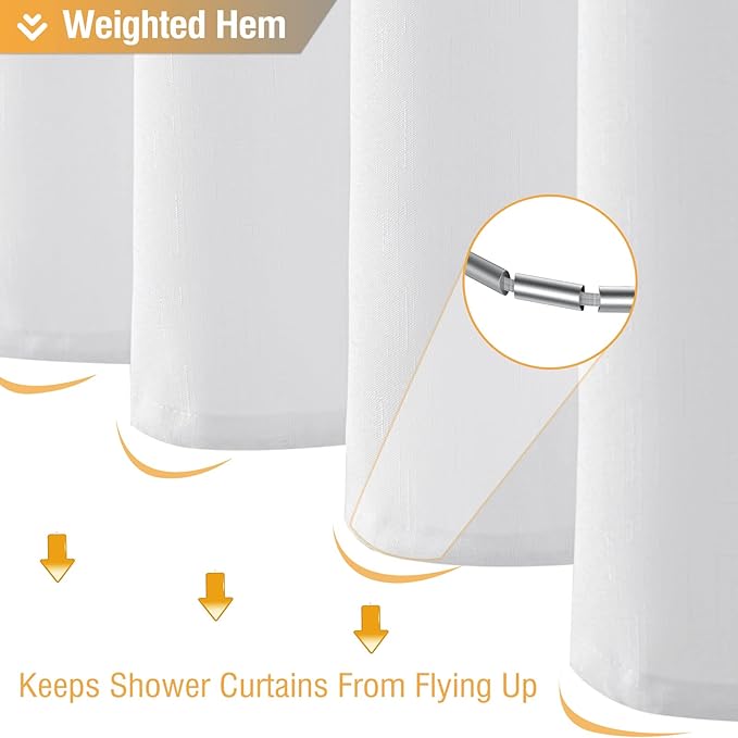 BTTN White Fabric Shower Curtain - Linen Textured Heavy Duty Waterproof Cloth Shower Curtain Set with 12 Plastic Hooks, Hotel Luxury Weighted Polyester Decorative Bath Curtains for Bathroom - 72"x72"