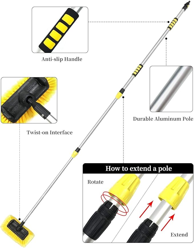 Buyplus 5-12 Foot (20 ft Reach) Car Wash Brush with 12-Inch Soft Bristle, On/Off Switch Telescopic Car Truck Boat Washing Brush with Hose Attachment for Cleaning RVs, House Siding, Floors and More!