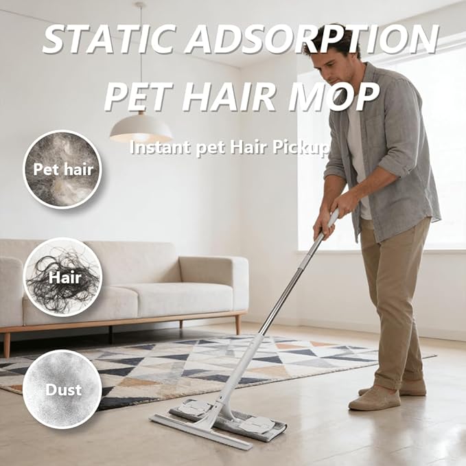 Small-Sized Clip-On Pet Hair Mop - Electrostatic Adsorption for Loose Hair&Dust,with Removable Plastic Scraper,2 Reusable Electrostatic Pet Hair Pads+1 Fiber Cleaning Pad, Works on All Smooth Floors