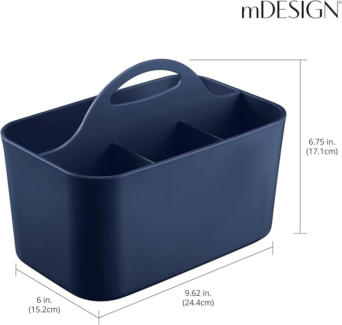 mDesign Plastic Portable Craft Storage Organizer Caddy Tote, Divided Basket Bin w/Handle - Craft, Sewing, Art Supplies - Holds Brushes, Colored Pencils - Lumiere Collection - Navy