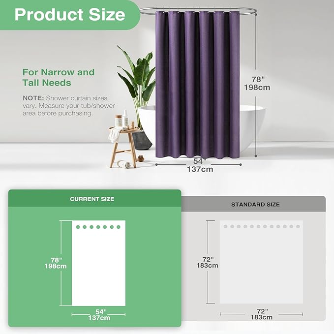 Dynamene Stall Fabric Shower Curtain - 54x78 inch Long Waffle Weave Weighted Thick Cloth Shower Curtains for Bathroom, Neutral Heavy Duty Hotel Spa Luxury Bath Curtain Set with 10 Hooks, Purple