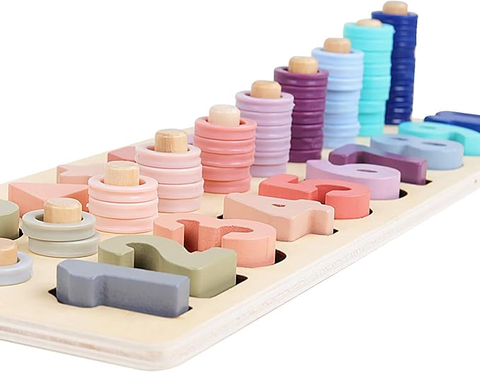 QZMTOY Counting Shape Stacker Wooden Count Sort Stacking Tower with Wood Colorful Number Shape Math Blocks for Kids Preschool Educational Toddlers Toy