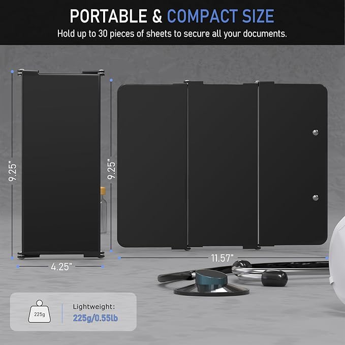 Clipboard Foldable Without Edition Cheat Charts, 3 Layers Aluminum, Nurse Board w/Low Profile Clip&Pen Clip Pocket, Black