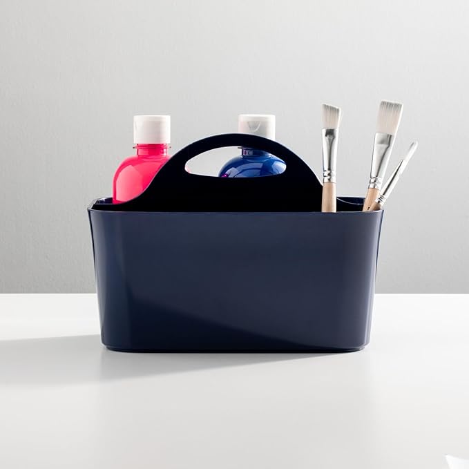mDesign Plastic Portable Craft Storage Organizer Caddy Tote, Divided Basket Bin w/Handle - Craft, Sewing, Art Supplies - Holds Brushes, Colored Pencils - Lumiere Collection - Navy