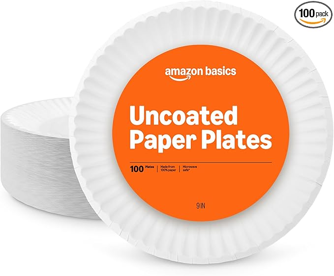 Amazon Basics 9" Uncoated White Paper Plates 100 Count (Pack of 1)