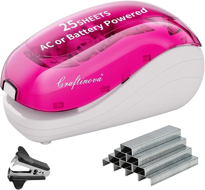 Electric Stapler-Pink,Including 2000 Staples and 1 Staple Remover, Suitable for Palm Size and high Comfort，25 Sheet Capacity, AC Adapter or Battery Powered，Battery not Included