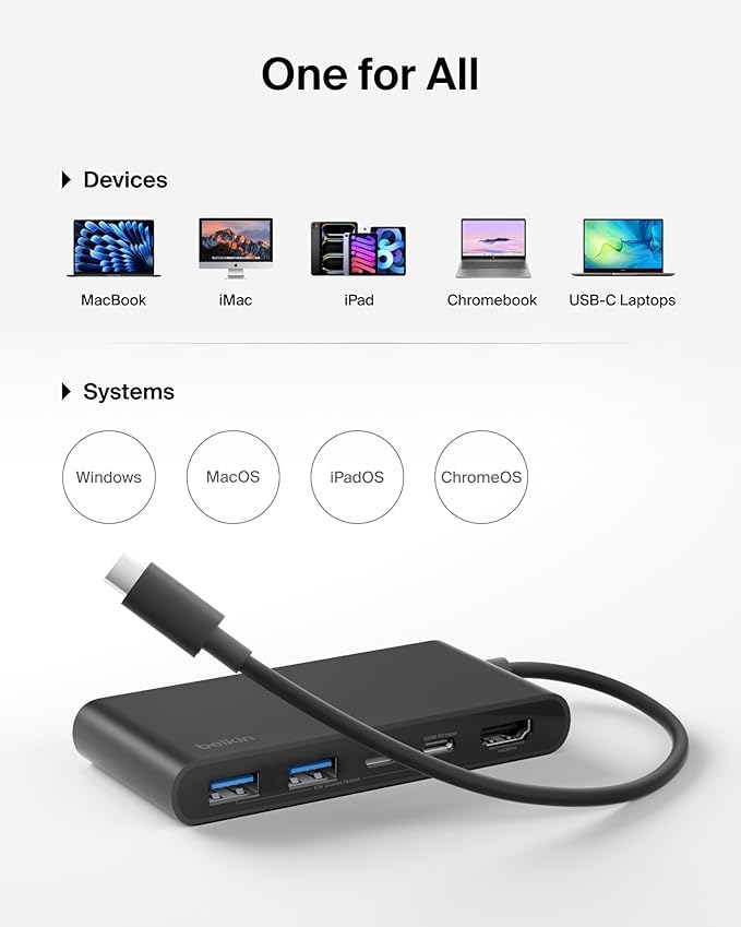 Belkin USB C Hub, 5-Port Hub w/ 4K HDMI Display @ 60Hz, 100W Power Delivery, Fast Data Transfer 5Gbps, USB C Multiport Adapter for MacBook, iPad Pro, Chromebook, & More - Upgraded HDMI 2.0