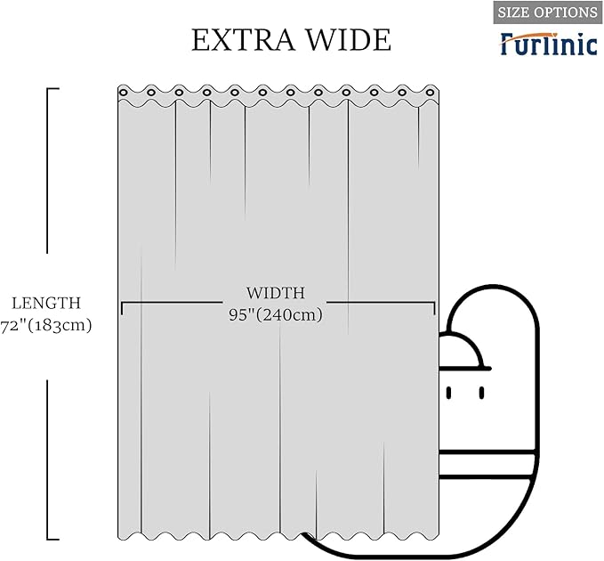 Furlinic Extra Wide Shower Curtain No Hooks Needed,Polyester Fabric Shower Curtain Liner with 12 Plastic Split Grommets,Waterproof & Machine Washable Hotel Style for Bathroom,Light Blue 96x72 inch