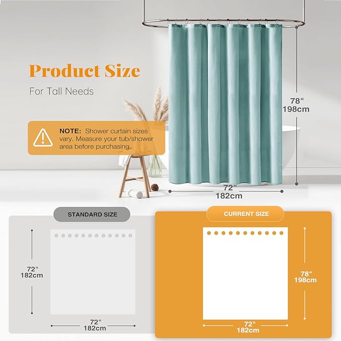 BTTN 78 Inch Long Shower Curtain - Linen Textured Thick Weighted Fabric Shower Curtain Set with 12 Plastic Hooks, Turquoise Tall Neutral Waterproof Polyester Shower Curtains for Bathroom, 72x78, Teal