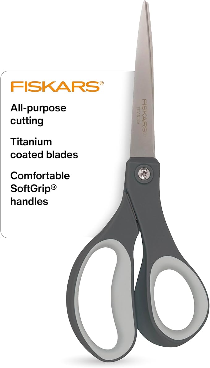 Fiskars 8" Comfort Grip Titanium All Purpose Scissors, Sharp Stainless Steel Blades for Everyday Cutting Tasks, Home, Office, and Arts & Crafts, Gray