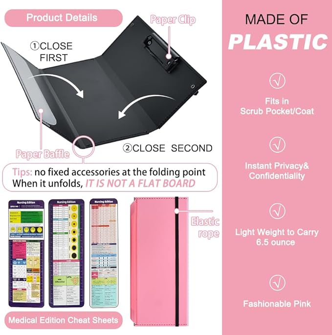 Vuzvuv Nursing Foldable Plastic Clipboard 3 Layers with Medical Edition Cheat Sheets, Pink Pocket Foldable Nurse Clip Boards Notepad for Students,Doctors and Medical Staff