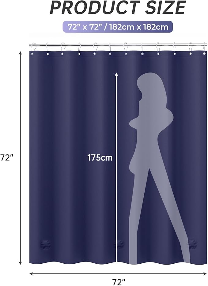 AmazerBath Navy Blue Shower Curtain, Thick PEVA, Heavy Duty Waterproof 72x72 with 3 Weighted Stones and 12 Grommets