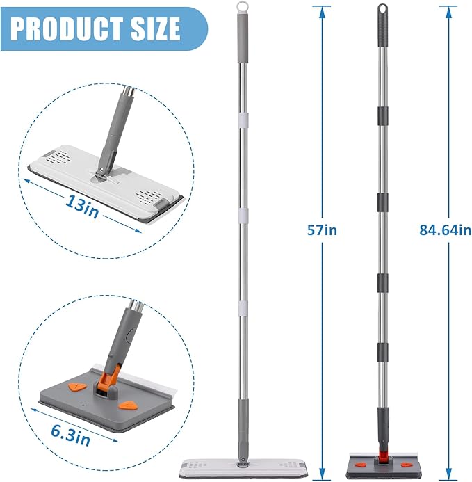Mops for Floor Cleaning with 57" Long Handle, Baseboard Cleaner Tool with 84" Handle, 2 Reusable Pads, Wet and Dust Mopping for Hardwood, Laminate, Tile Floor, Skirting Board, 7Pcs Gray