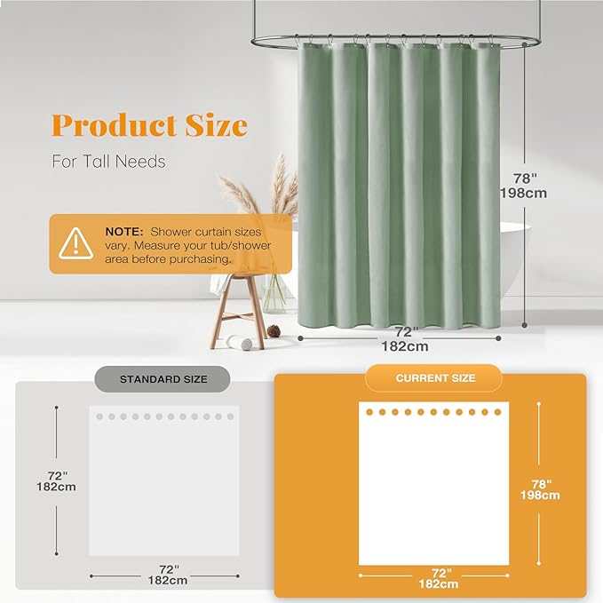 BTTN Fabric Shower Curtain, Linen Textured Heavy Duty Polyester Cloth Shower Curtain Set with Plastic Hooks,Sage Green, 72x78