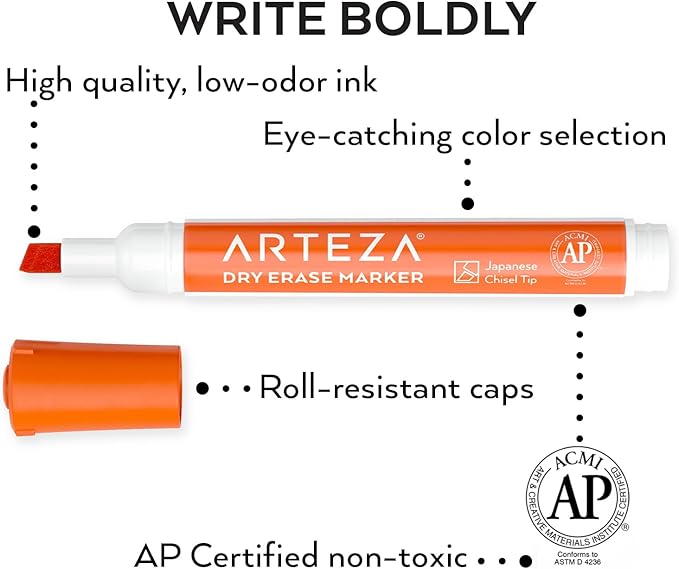 ARTEZA Dry Erase Markers Bulk Pack of 52, 12 Assorted Colors, Low-Odor Ink Whiteboard Pens with Chisel Tip, Office Supplies for Classroom, Home & Teachers