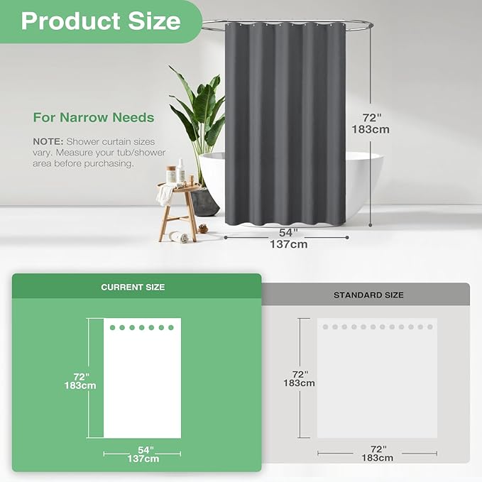 Dynamene Stall Fabric Shower Curtain - 54 inch Wide Waffle Weave Weighted Thick Cloth Shower Curtains for Bathroom, Heavy Duty Hotel Spa Luxury Bath Curtain Set with 10 Hooks, 54x72, Charcoal Grey