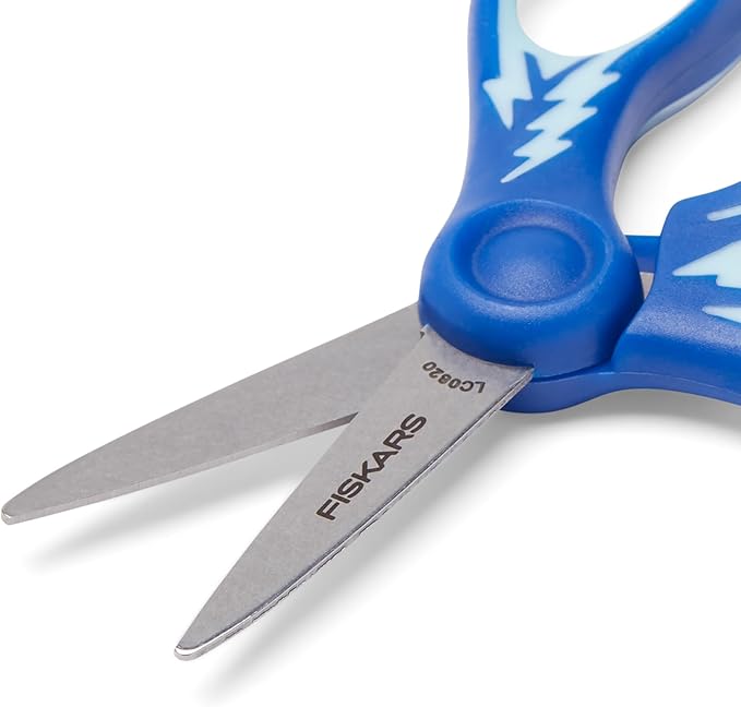 Fiskars 5" SoftGrip Pointed-Tip Scissors for Kids Ages 4-7, Scissors for School or Crafting, Back to School Supplies, Blue Lightning