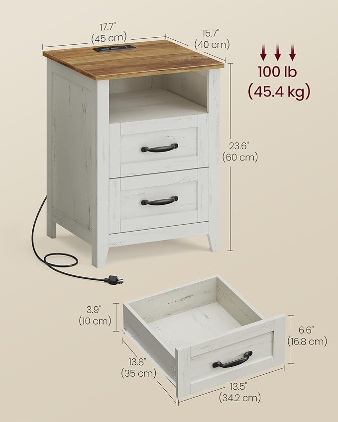VASAGLE LIRY Collection - Farmhouse Nightstand with Charging Station, Bedside Table, Side Table with 2 Drawers, Open Compartment, for Bedroom, Rustic White and Honey Brown ULET669W01