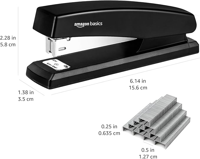 Amazon Basics Office Stapler with 1000 Staples, 25 Sheet Capacity, Non-Slip, Black, Home Office
