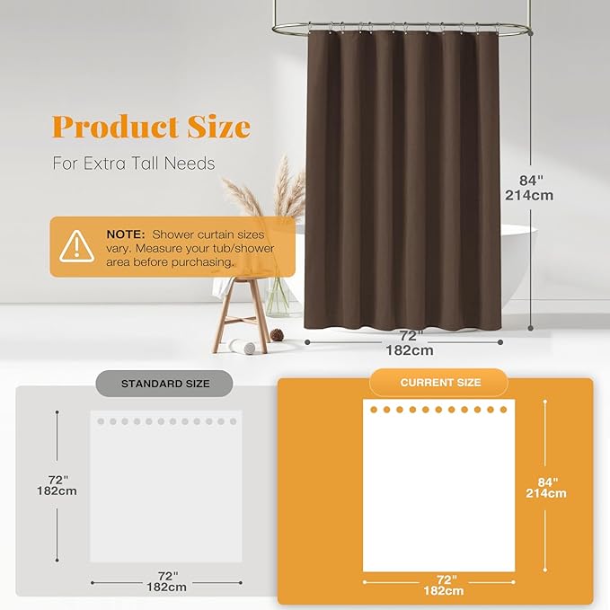 BTTN Fabric Shower Curtain, Linen Textured Heavy Duty Polyester Cloth Shower Curtain Set with Plastic Hooks, Brown, 72x84