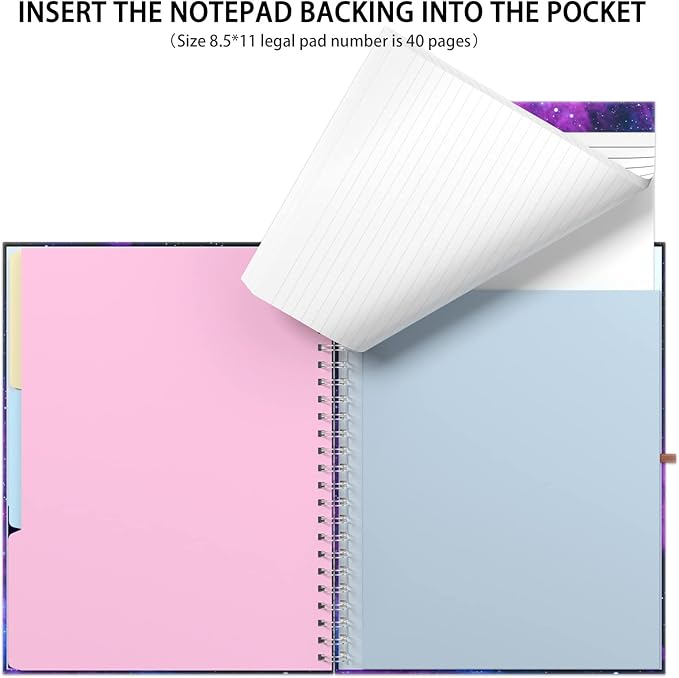 Rimilak Spiral Clipboard Folio with Refillable Lined Notepad, 14.5 x 9.8 In, Hardcover Cover with 5 Interior Pockets, Elastic Band and Pen Loop Series. Cute Stylish Clipfolio, Galaxy