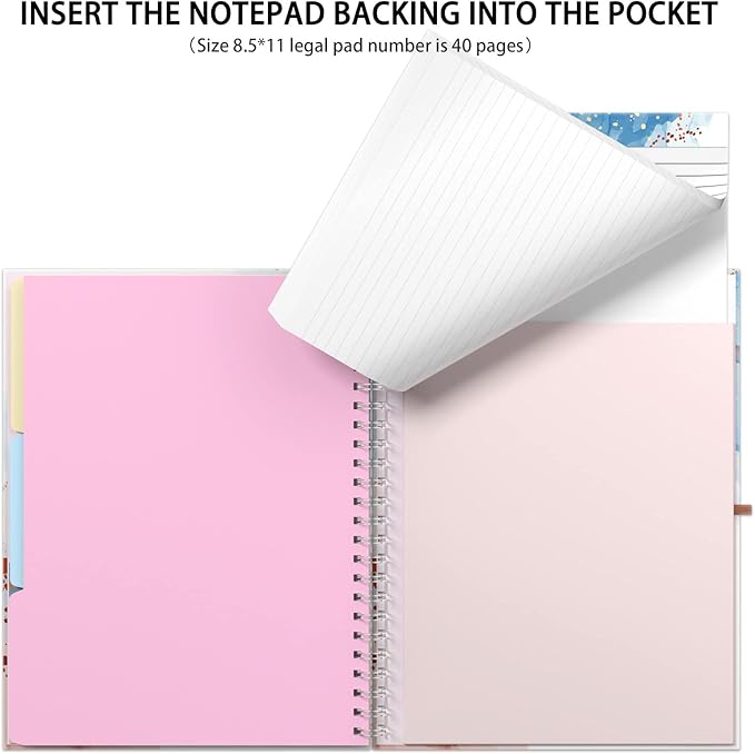 Rimilak Spiral Clipboard Folio with Refillable Lined Notepad, 14.5 x 9.8 In, Hardcover Cover with 5 Interior Pockets, Elastic Band and Pen Loop Series. Cute Stylish Clipfolio, Abstract Marble