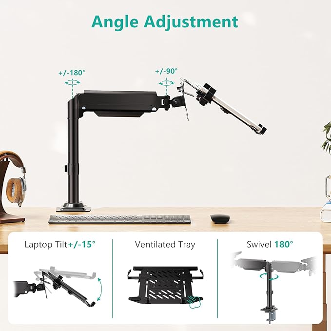 WALI Laptop Desk Mount for 15.6 inch Notebook, Adjustable Single Monitor Arm with Laptop Holder for 32 inch Screen, Laptops Stand with Ventilated Tray, Up to 22 Lbs, (GSDM00LP), Black