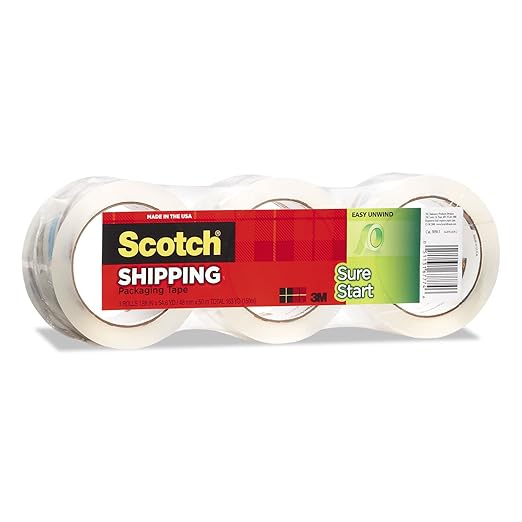 Scotch Sure Start Shipping Packaging Tape, 1.88" x 54.6 yd, Designed for Packing, Shipping and Mailing, Quiet Unwind, No Splitting or Tearing, 3" Core, Clear, 3 Rolls (3450-3)