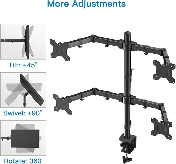 HUANUO Quad Computer Monitor Mount - Heavy Duty LCD Computer 4 Monitor Stand with Full Articulation, Fits Four Screens up to 27 Inches - Each Arm Holds up to 17.6lbs, VESA 75x75-100x100mm